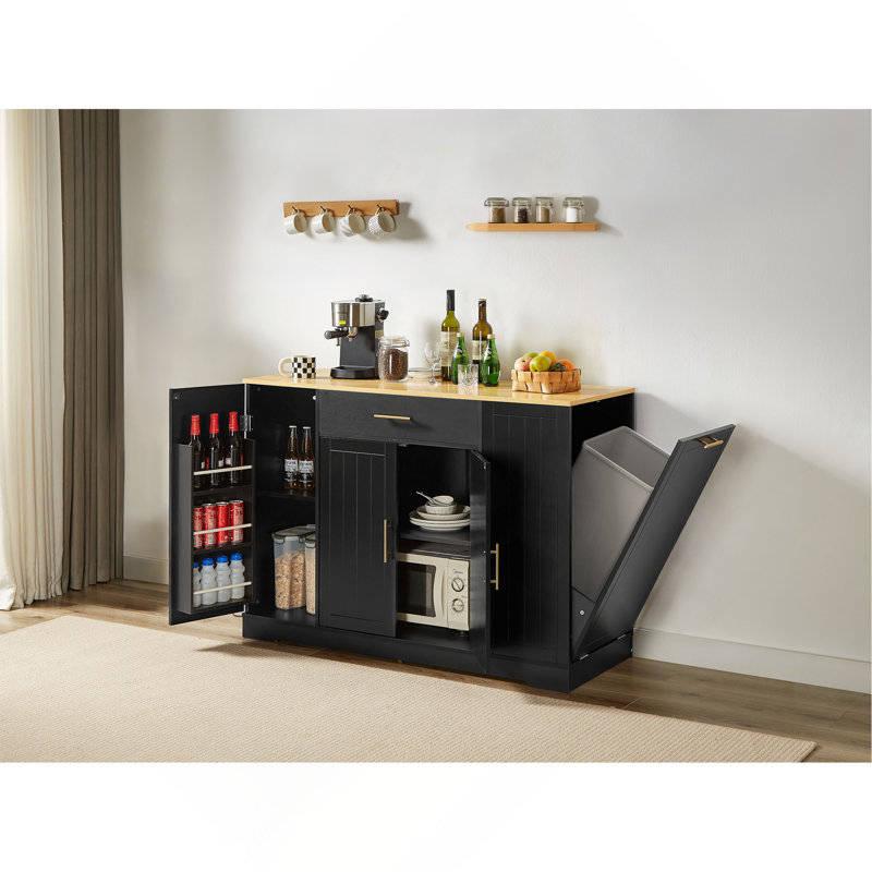 Îlots de rangement de 53 po avec tiroirs et poubelles pour la cuisine et la salle à manger. Conception de ferme moderne, Noir