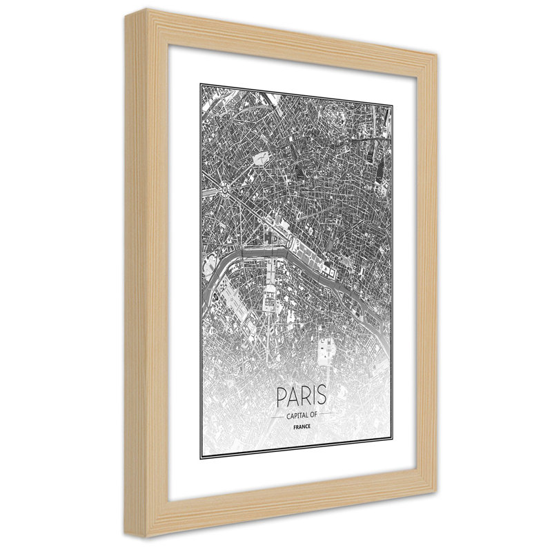 City Map Of Paris - Single Picture Frame Print, Light Brown, 100cm H x 70cm W