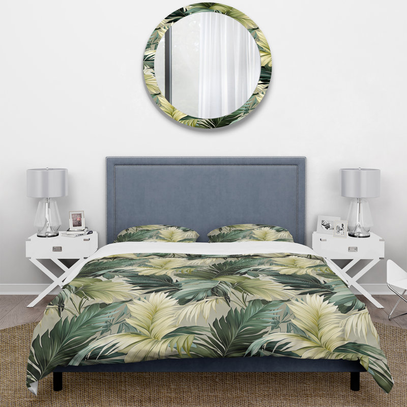 Literie tropicale discrète à motif tropical I, Housse de couette pour grand lit et 2 taies décor