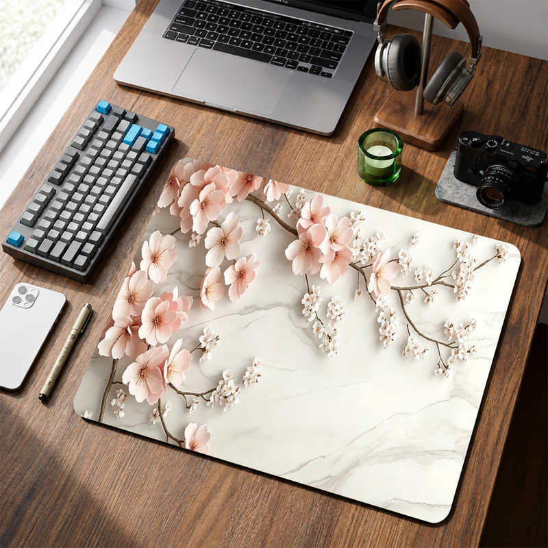 Tapis de souris en caoutchouc, surface lisse en microfibre, base antidérapante, bords arrondis, idéal pour le bureau et les jeux, 30,5 x 20,3 cm, motif floral aquarelle rose.