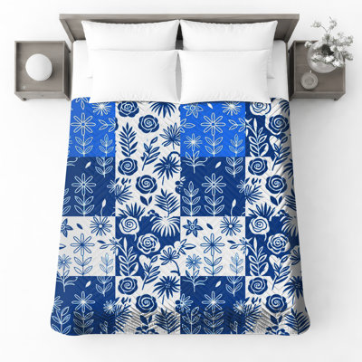 Blue White Floral Pattern Quilted Bedspread All Sizes