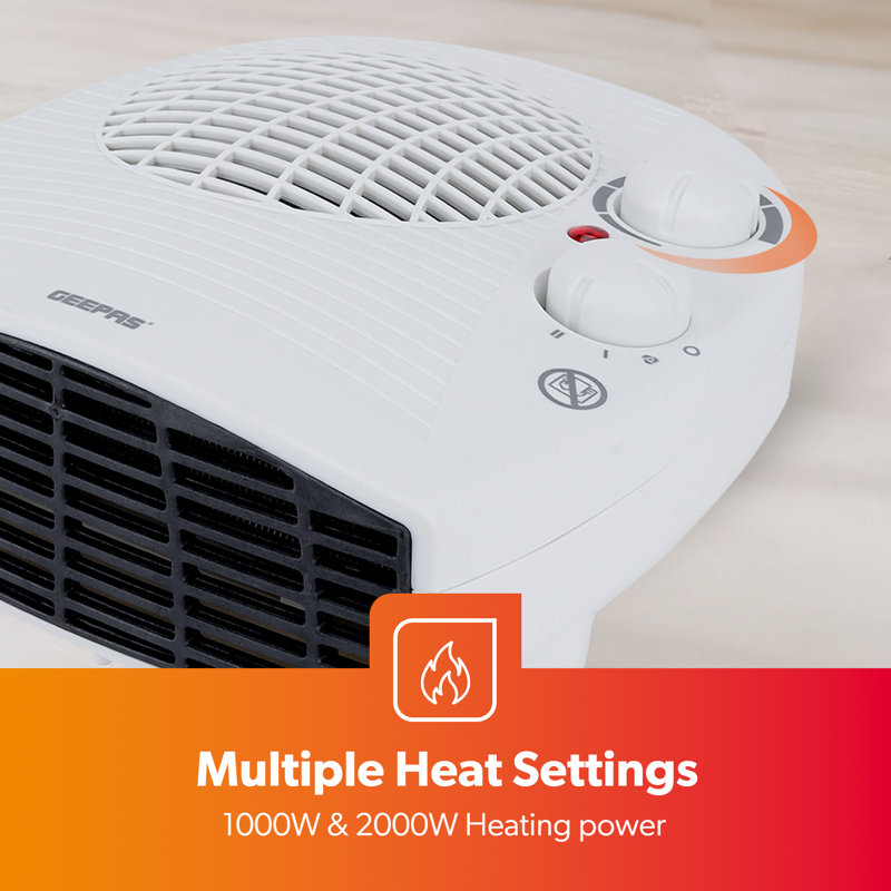 GEEPAS Portable Flat Fan Heater 2000W | Low Running Cost with 2 Heat Settings 1000-2000W Overheat Protection | Upright/Flatbed Energy Efficient Heater with Cooling/Warm/Hot Wind Option