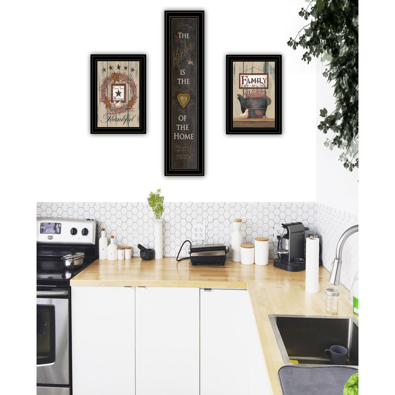 The Primitive Kitchen Vignette - Ensemble de 3 reproductions encadrées sur papier, Cadre noir