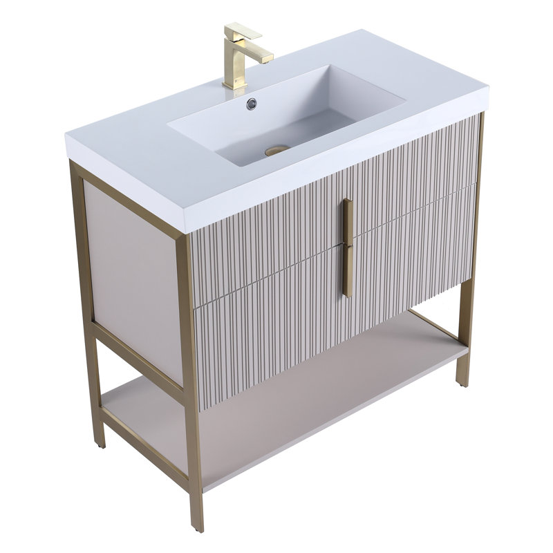 Meuble-lavabo moderne avec plateau en acrylique Serenity, Taupe vif / laiton, 36", Blanc