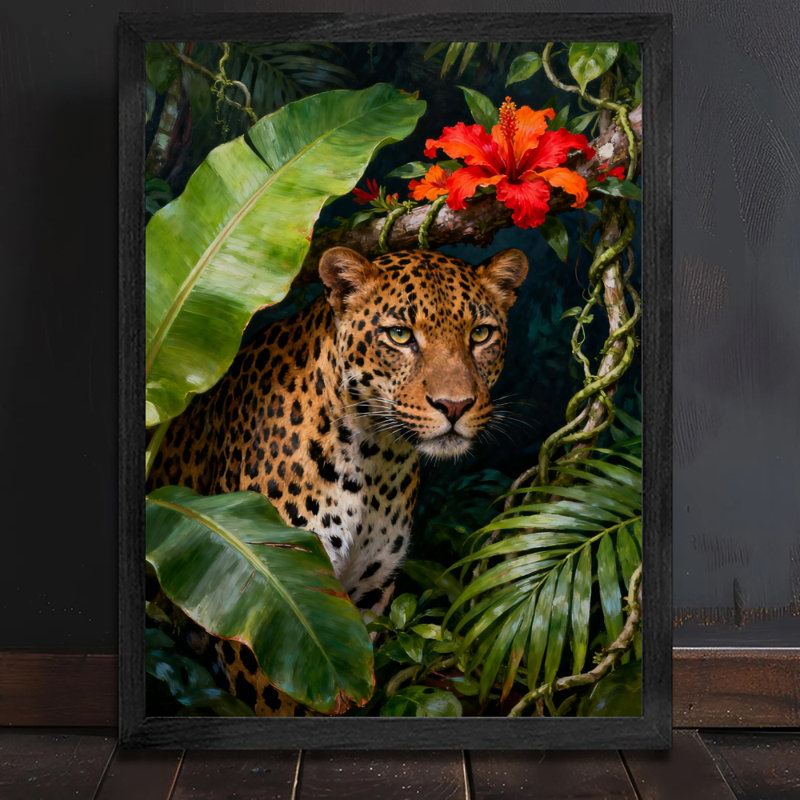 Reproduction d'art encadré noir rétro léopard de la jungle et hibiscus, H 37 po x l 25 po