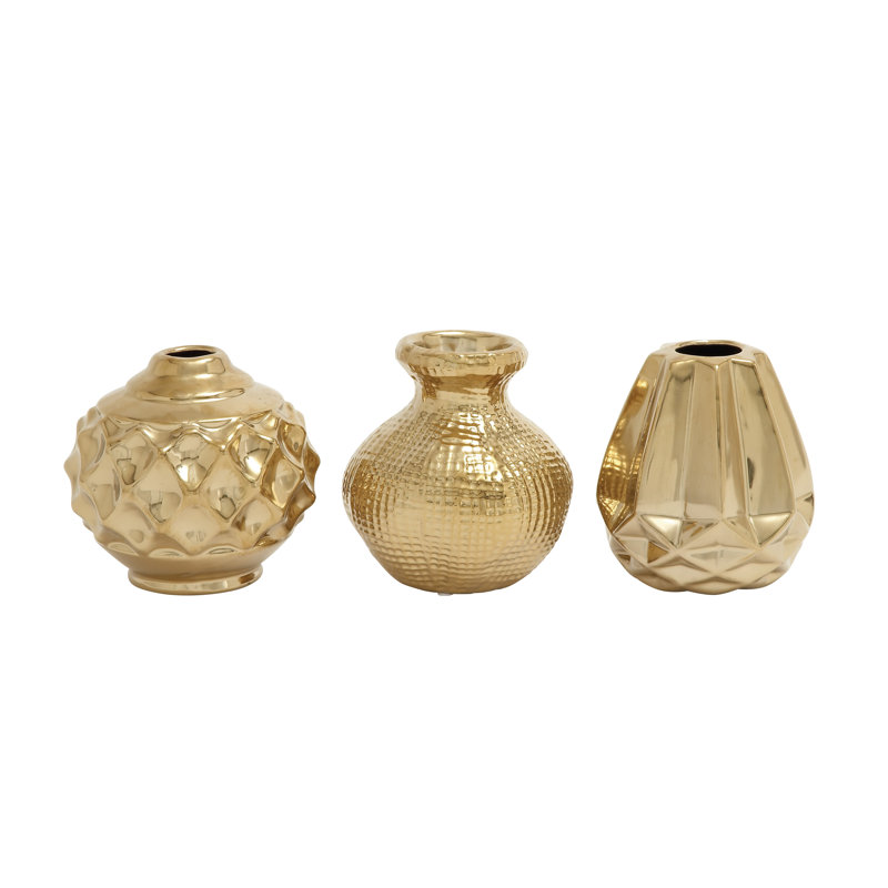 Gold Ceramic Decorative Vase with Varying Patterns Set, Golden