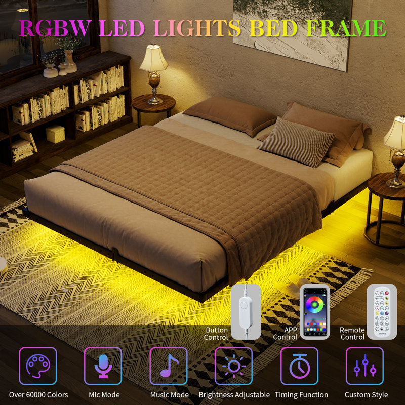 Floating Bed Frame With Led Light, Black, Queen