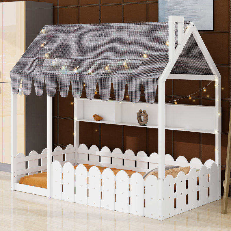 Lit de sol complet pour enfants avec clôture et tablettes Montessori, Lit simple, Blanc