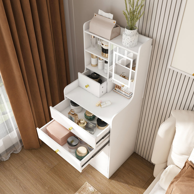 31 coiffeuses avec miroir à DEL, tabouret de rangement rembourré et 4 compartiments - bois blanc pour la chambre à coucher et le maquillage 3 températures de couleur personnalisables