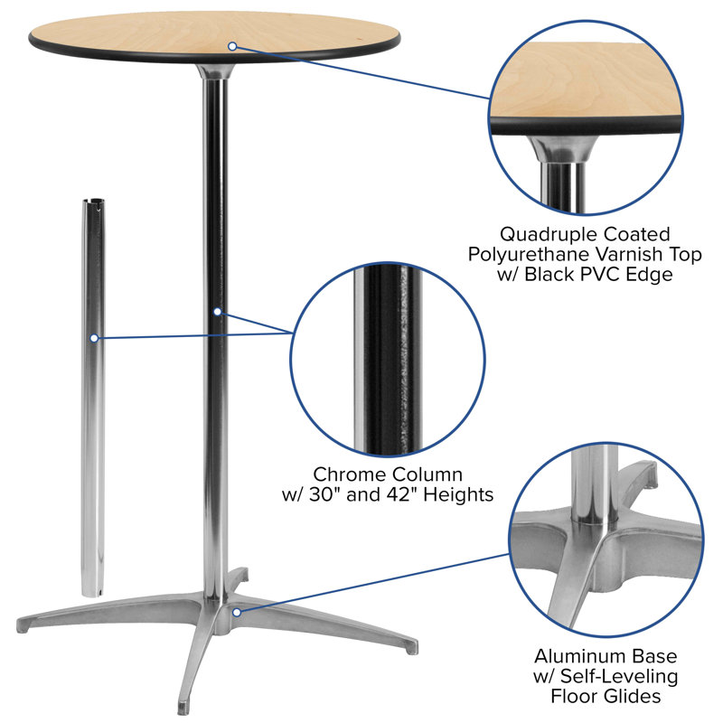 Marrel Round Wood Cocktail Table with Columns, 42" H x 36" L x 36" W, Oak, Chrome