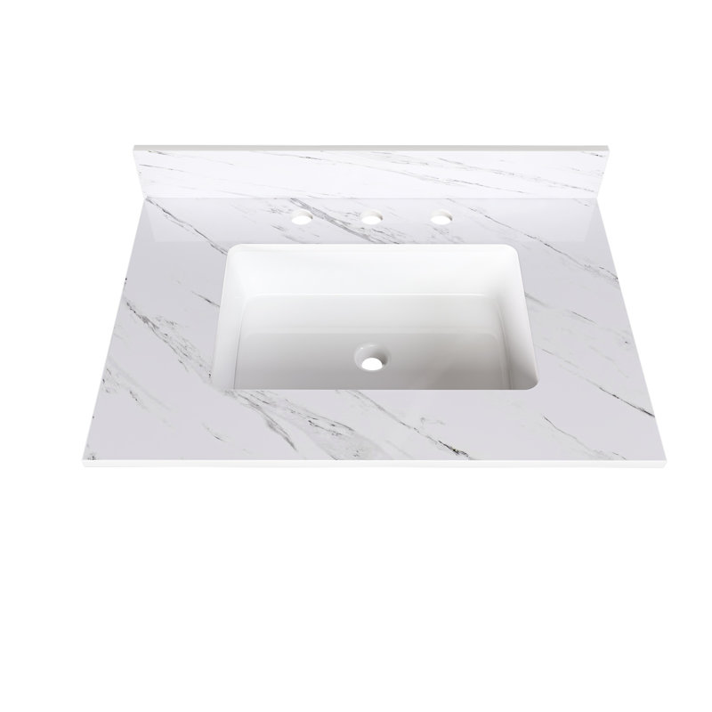 31 Inch Marble Vanity Top, White Vanity Top With Pre-Drilled Faucet Holes, Bathroom Vanity Top With Undermount Rectangular Middle Sink And 4" Height Backsplash,  Bianco Carrara Venato, Bathroom Vanity