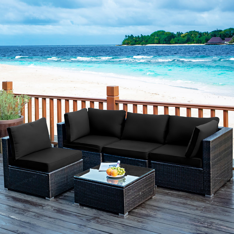 Rattan Sectional Seating Group with Cushions, Black