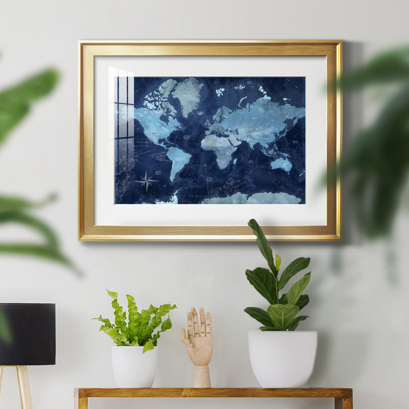 Carte du monde - impression encadrée, Papier encadré doré, H 30,5 po x l 42,5 po x P 1,5 po, Blanc mat