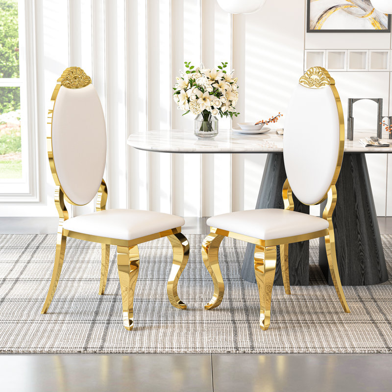 Kamien Solid Back Side Chair Dining Chair With Stainless Steel Legs, Gold, White