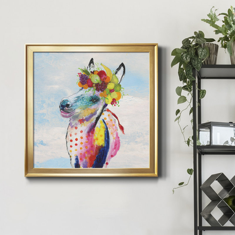Cheval avec couronne et ciel - peinture sur toile encadrée, Encadrement doré, H 30,5 po x l 30,5 po x P 1,5 po