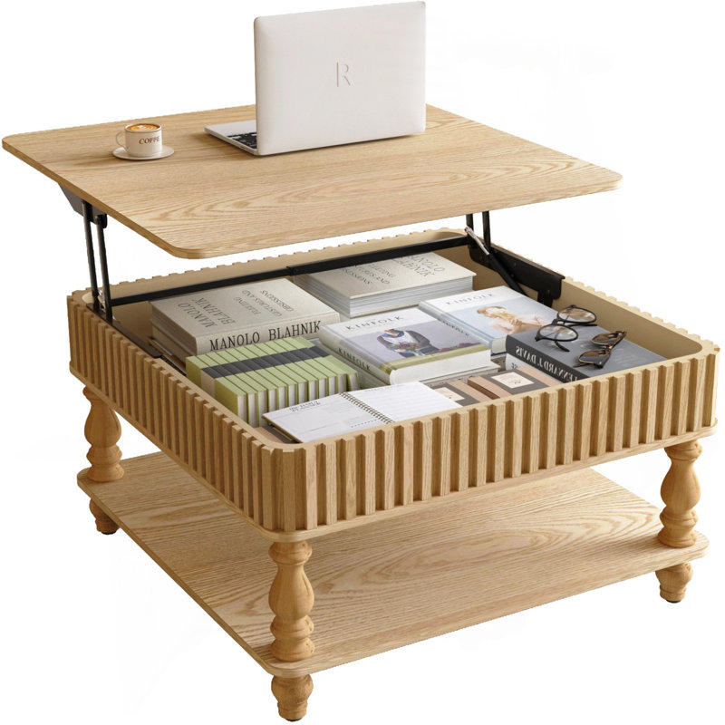 Table basse cannelée avec rangement, Bois naturel