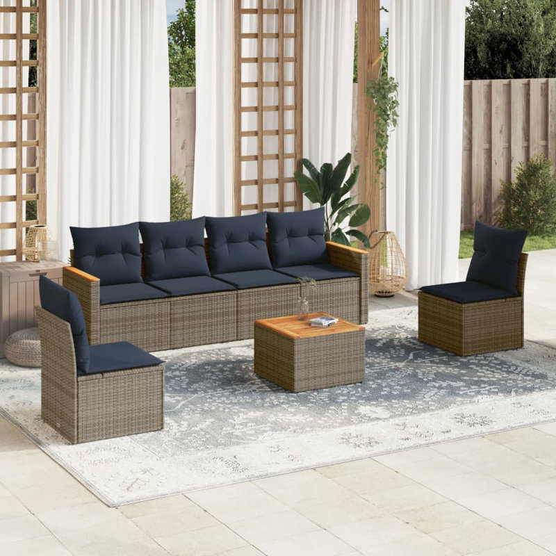 Ensemble de canapé de patio 7 pièces avec coussins en rotin de polyester, Gris, Marine