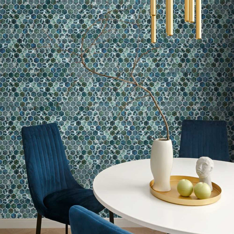Eterna Hexx 12'' x 12'' Recycled Glass Mosaic, Calacatta Blue