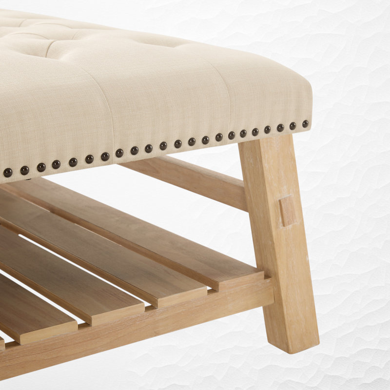 Table basse carrée avec repose-pieds, repose-pieds rembourré et garniture cloutée, Beige Linen