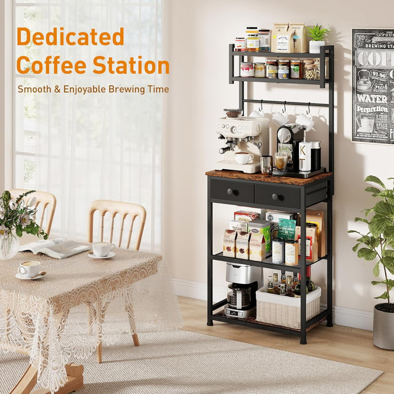 6-Tier Coffee Stand with Storage and Drawers, Kitchen Corner Bakers Rack Microwave Stand with Metal Wire Panel & Hooks, Utility Storage Shelf for Small Spaces, Living Room