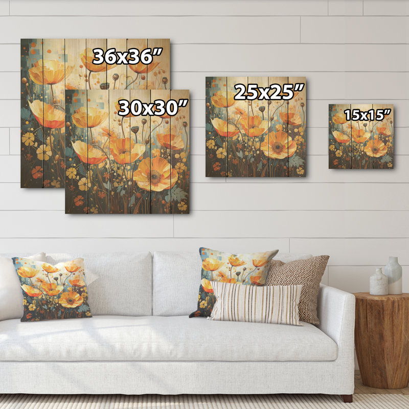 Yellow Vivid Poppy Moments I - Art sur bois de coquelicots sur bois de pin naturel, H 36 po x l 36 po