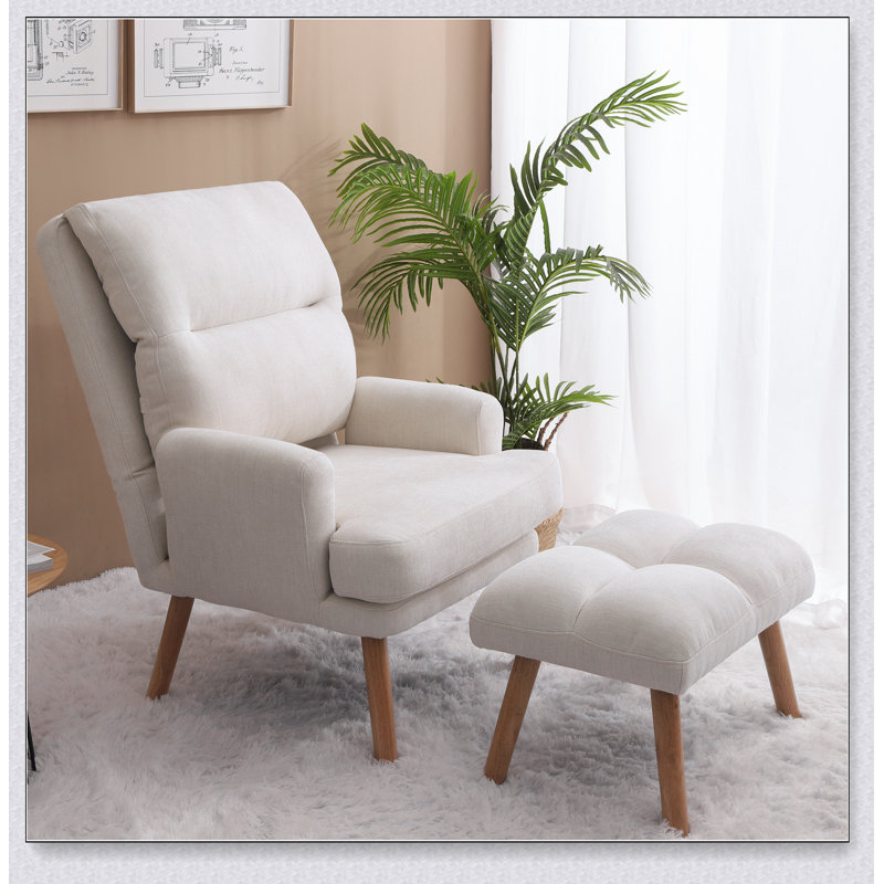 Chaise d'appoint avec repose-pieds, fauteuil en tissu avec pieds en bois et dossier réglable, Textile beige