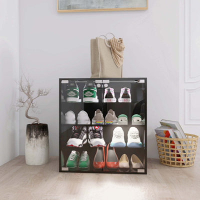 4 Layers Black Shoe Cabinet With Glass Door And Glass Layer Shoes Display Cabinet With LED Light Bluetooth Control