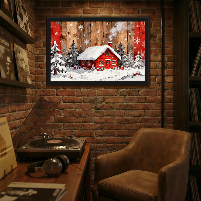 Noël, cabane rouge, arbres enneigés, scène d'hiver, décor de Noël, H 12 po x l 18 po