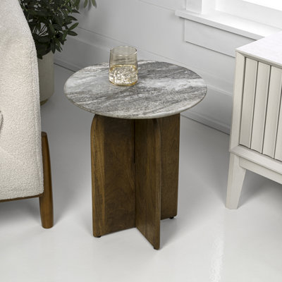 Naomi 18" Mid-Century Round End Table, Natural White Marble Top & Honey Mango Wood Cross Base, Accent Side Table for Living Spaces