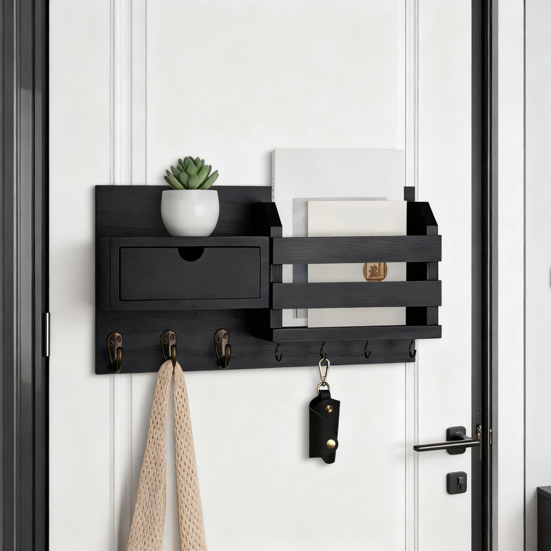 Wall Mount Key Holder With Mail Organizer And Storage Drawer, 7 Metal Hooks, Wood Entryway Organizer For Home Decor, Black