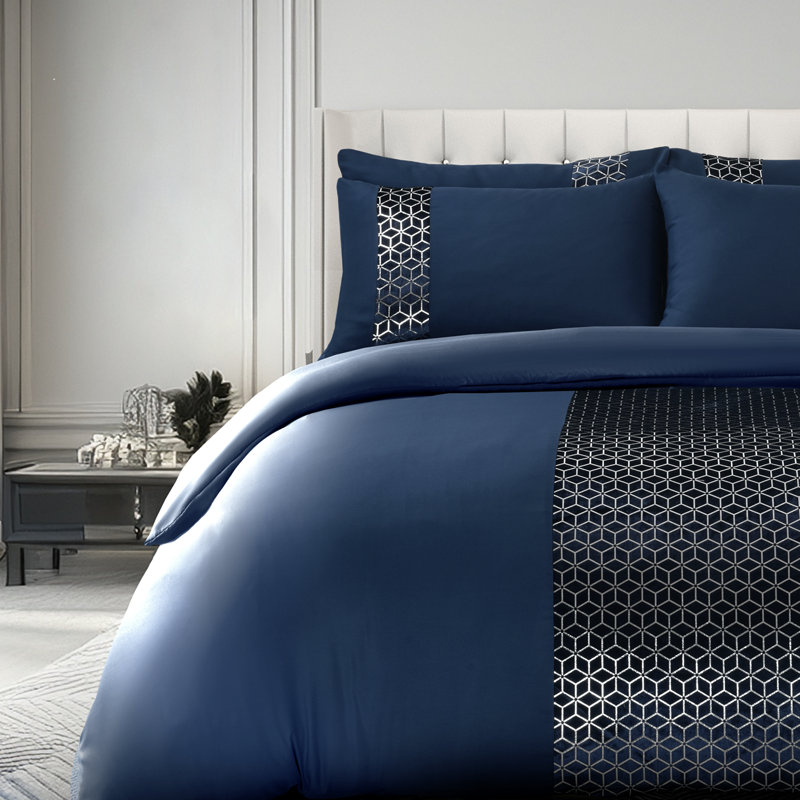 Polyester Geometric Duvet Cover Set with Pillowcases Included, Double Duvet Cover Set + 2 Pillowcases, Navy