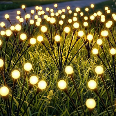 BAOKALER 8 Pack Outdoor Decorative Garden Lights, 8-Head Solar Firefly Lights Waterproof, High Flexibility Iron Wire with Heavy-Duty Bulb Base, Warm White Round Bulb Design