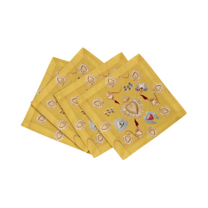 Ex Vote Sacred Hearts Cotton Sateen Cocktail Napkins, Gold