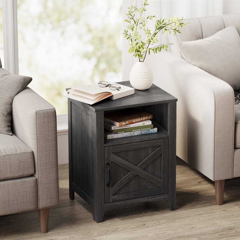 Bauman Farmhouse Nightstand, Bedside Table with a Cabinet and Open Compartment, Charcoal Gray