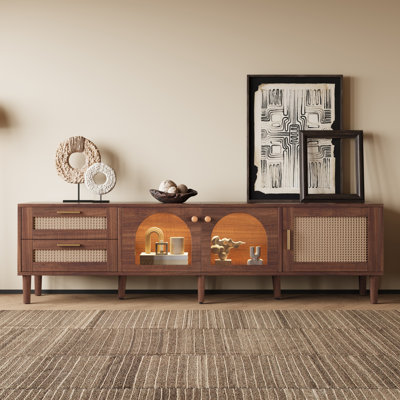 Rattan TV Stand With 3 Cabinets & 2 Drawers, Rattan-Inspired Media Console Table For Tvs Up To 80'', LED Light Entertainment Center, TV Cabinet For Living Room, Bedroom, Home Theatre