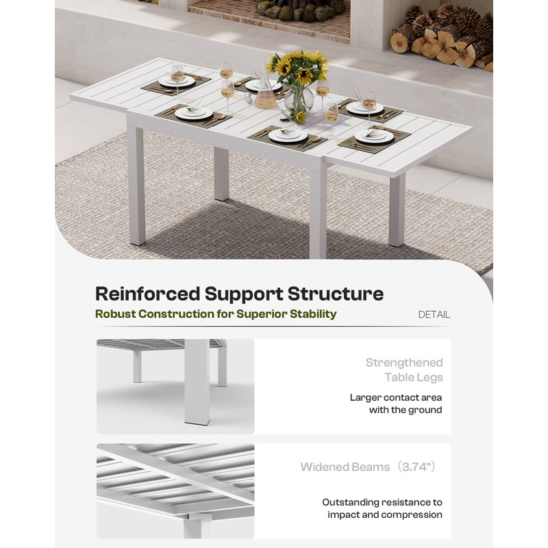 Table de salle à manger rectangulaire extensible en aluminium de 48" à 79", Blanc