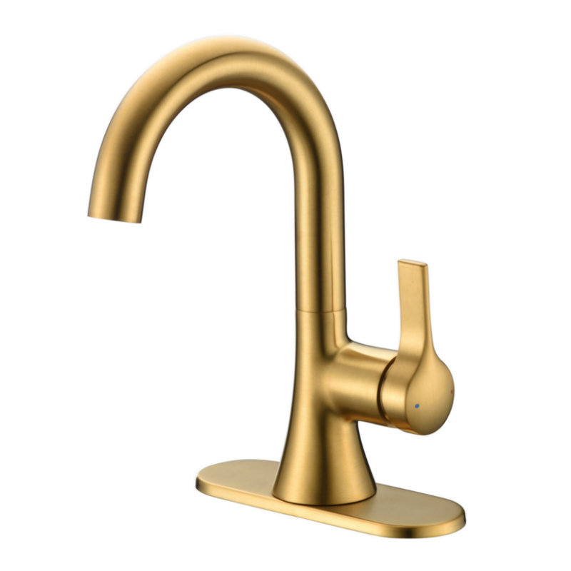 Davvid Collection Single-Handle High-Arc Lavatory Bathroom Sink Faucet with Drain Assembly - Brushed Gold, Brushed Gold