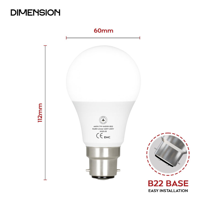 6 Pack LED B22 A60 Light Bulb 9W (100W Equivalent) Cool White 6400K Bayonet 820Lumens GLS Golf, Non-Dimmable, CRI 80 Modern Style Home Lighting Decoration Bulb