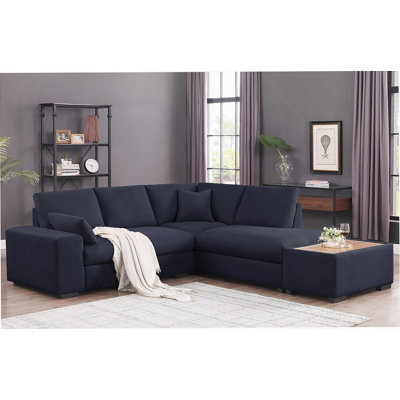 Canapé modulaire 100 pouces en tissu tissé avec méridienne orientée à droite et repose-pieds à console intégrée pour les espaces de vie modernes.