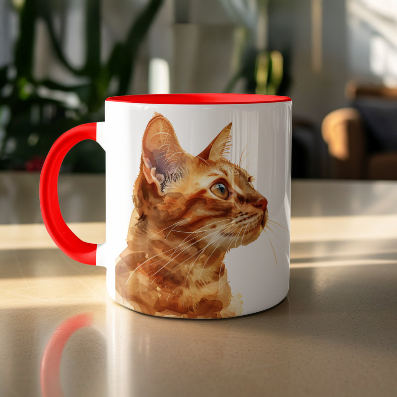 Cat Design 11oz Accent Mug – White Ceramic Coffee Cup with Colored Handle and Interior, 1, Red