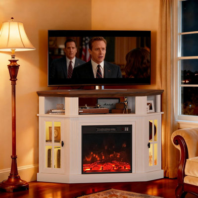 Corner White & Rustic Fireplace TV Stand – Media Console With Mood Lighting And Storage Cabinets For Tvs Up To 55"