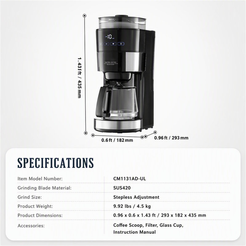 10-Cup Grind and Brew Coffee Maker, Adjustable Coarseness & Strength Control