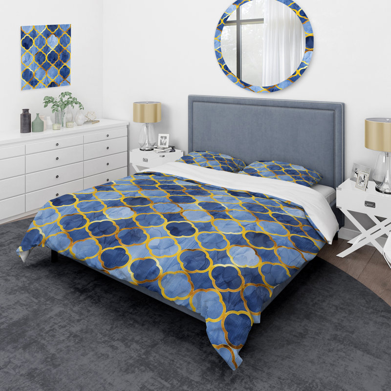 Ensemble de housse de couette moderne Blue Gold Modern Trellis Glam I, Housse de couette pour grand lit et 2 taies décor