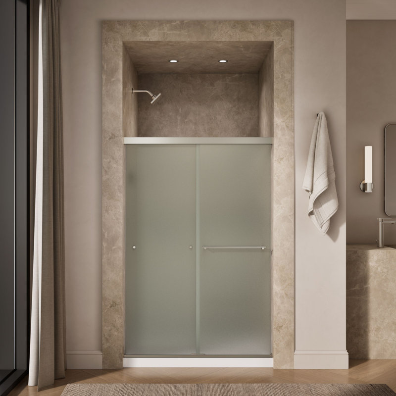 Revel Sliding Shower Door, 70-In H X 44-5/8 - 47-5/8-In W, With 1/4-In Thick Frosted Glass, Anodized Brushed Nickel, Frosted