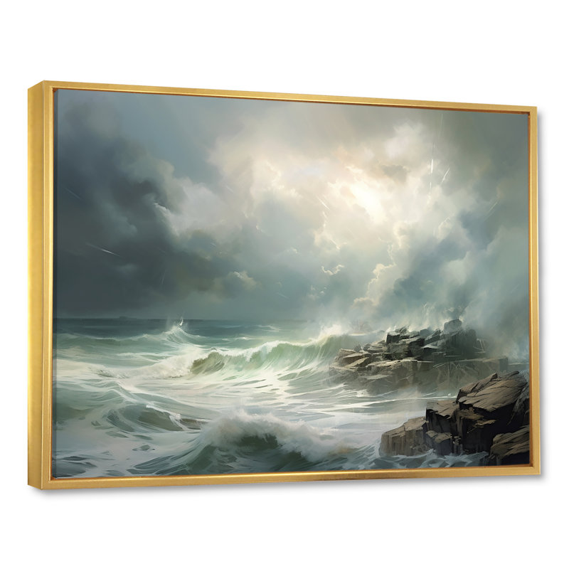 «Ocean Coastal Fury Storm», reproduction sur toile, Cadre flottant doré, H 16 po x l 32 po x P 1 po