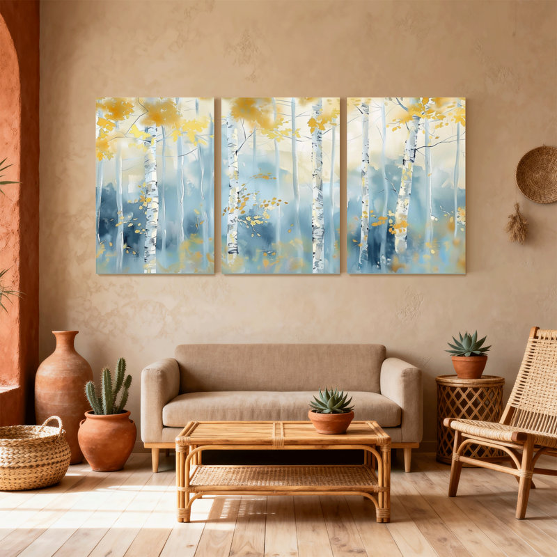 «Landscape & Nature Birch Trees Autumn Leaves Blue Sky», ensemble de 3 impressions sur toile, H 36 po x l 72 po