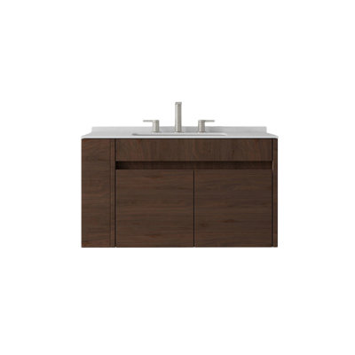 Meuble-lavabo flottant 30 po avec lavabo, porte à fermeture en douceur, comptoir et dosseret en marbre de culture blanc de 0,6 po Carrara, contreplaqué, brun