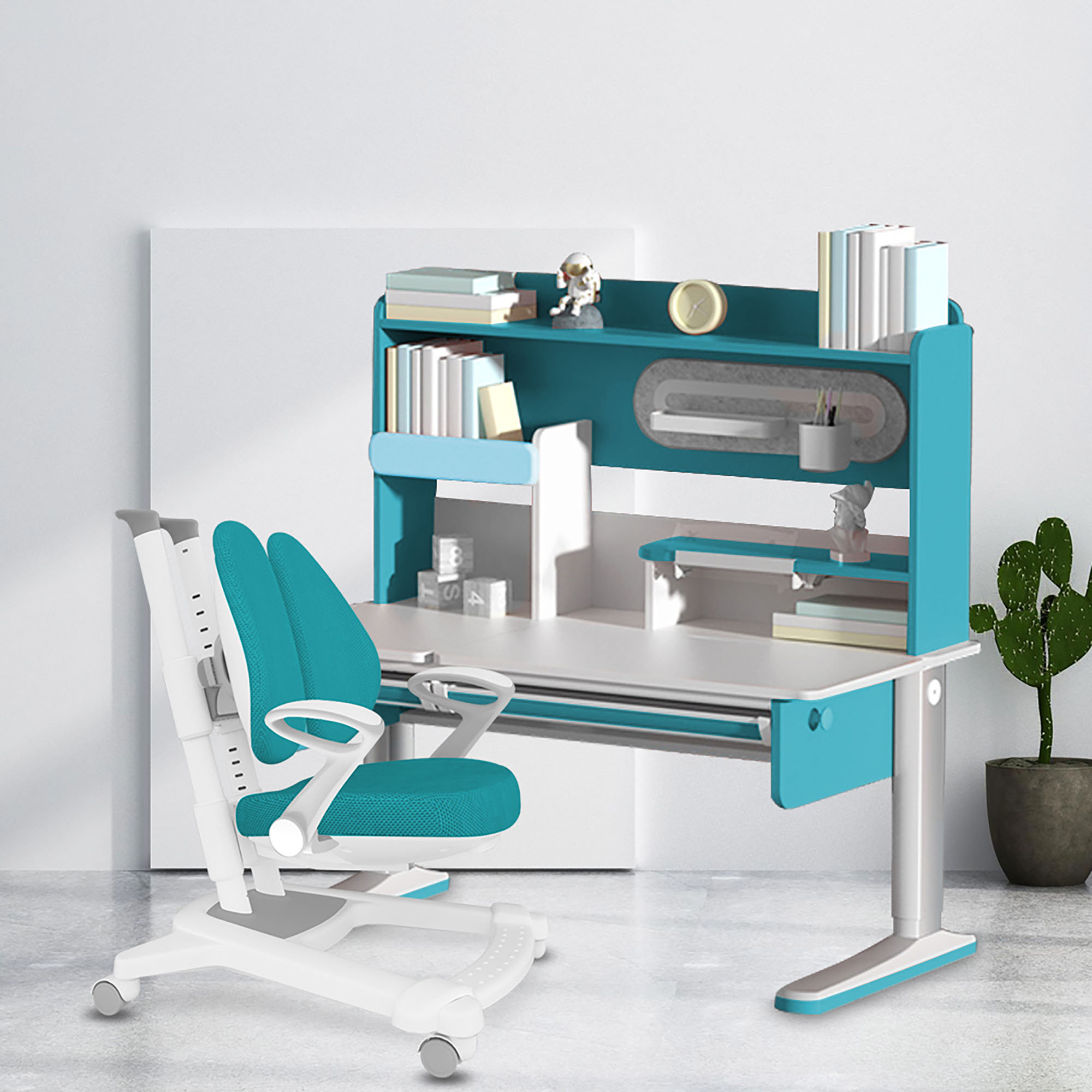 Gymax Adjustable Kids Study Desk Drafting Table Chair Set w/ Bookshelf Blue