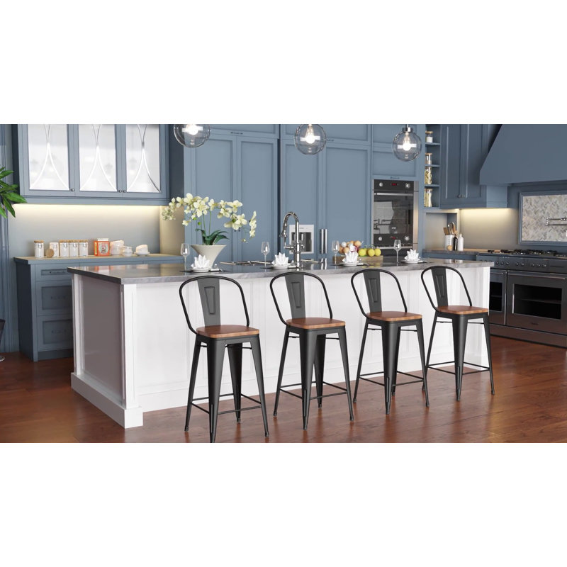 Silver Industrial Metal and Wood Counter Stools, Set of 4