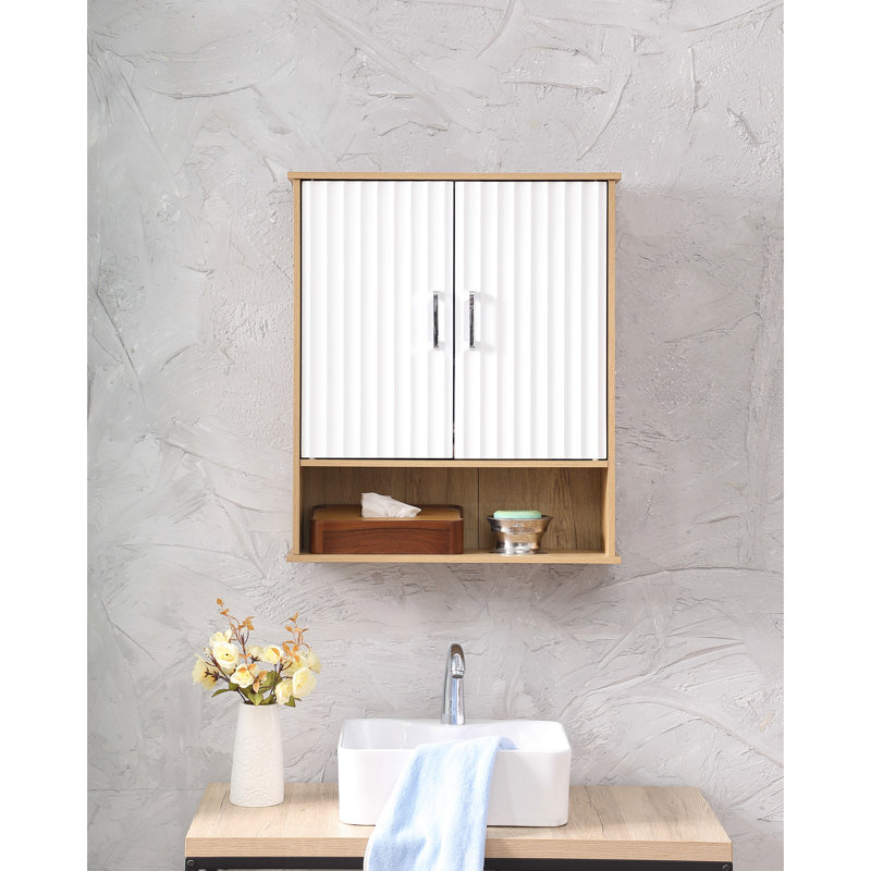 White And Natural Wood Double - Door Bathroom Wall Cabinet With Wavy Doors, Adjustable Shelf, Bottom Quick Installation For Minimalist Decor Design, Effortless Setup Organization